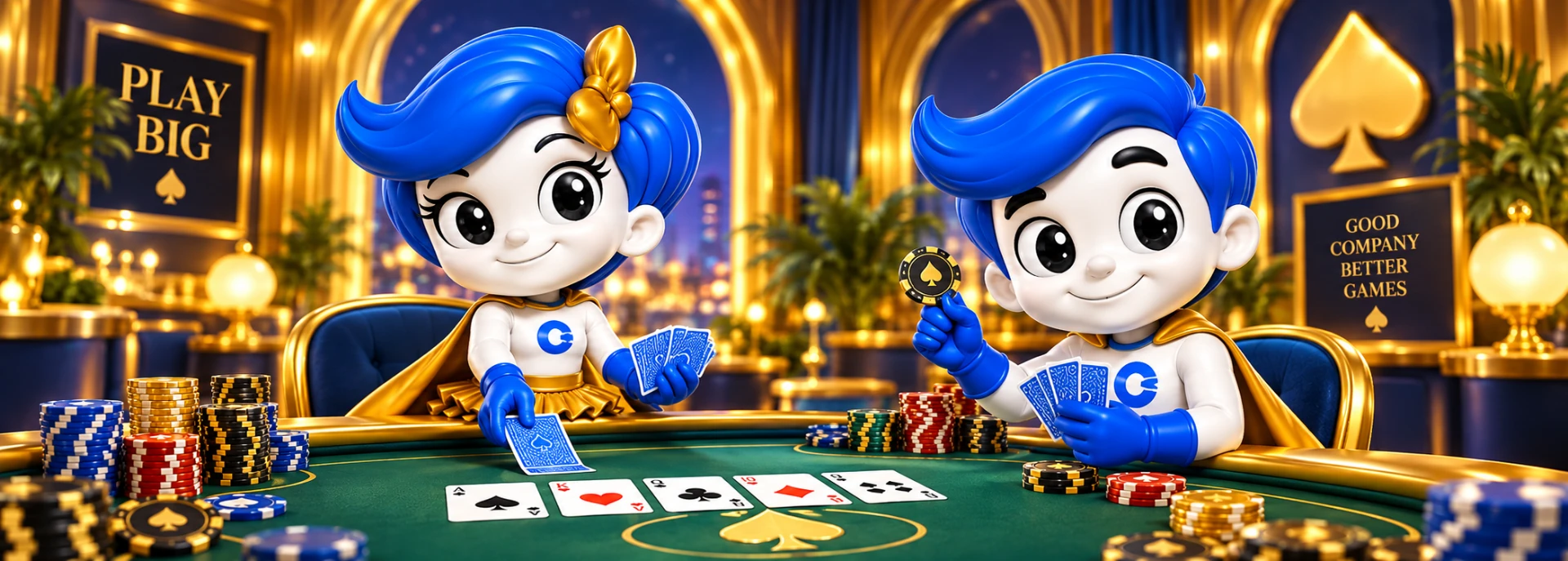 Two stylized superhero characters playing poker at a golden casino table covered in chips and cards, with Play Big and Good Company Better Games signs in the background.