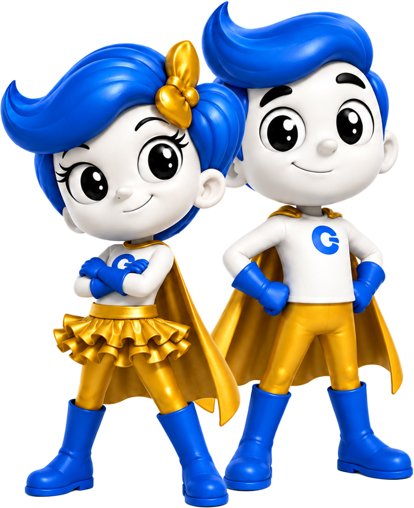 Gamerosity mascots — two cheerful superheroes with yellow capes