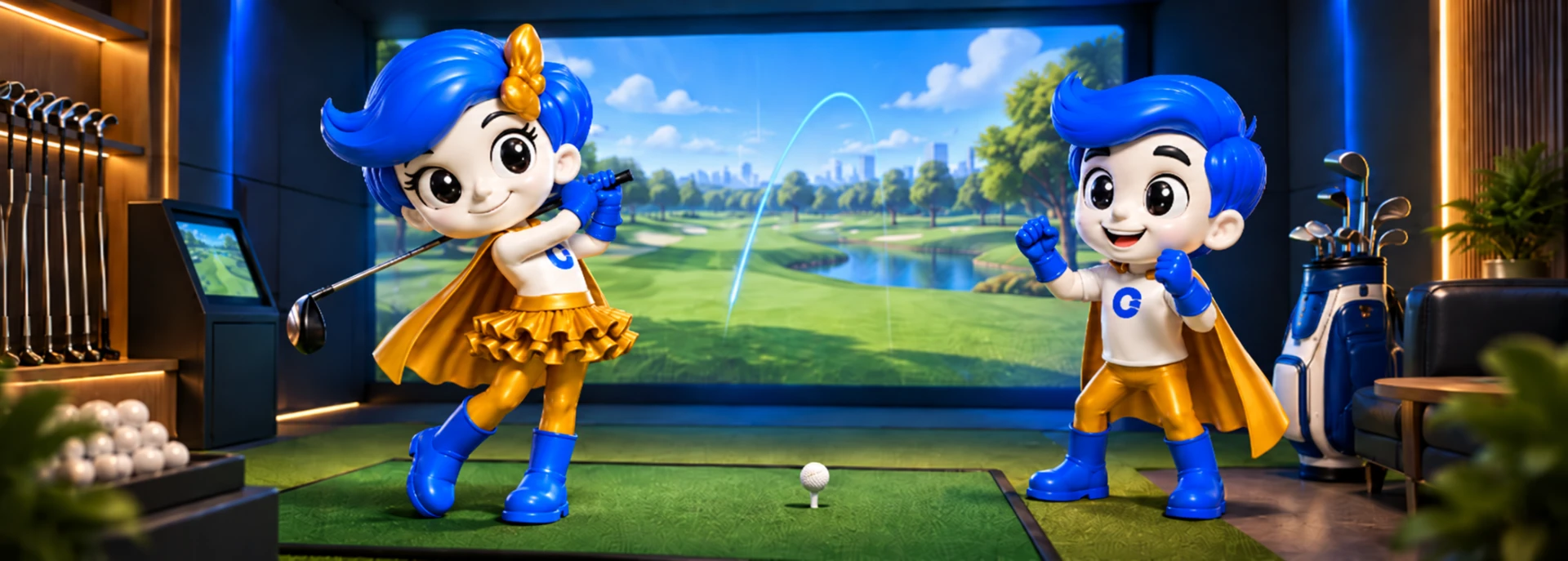 Gamerosity superhero mascots playing golf inside a modern simulator bay.